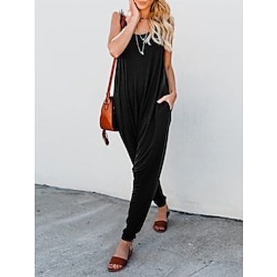 Women's Jumpsuit Pocket Solid Color Round Neck Casual Street Daily Regular Fit Sleeveless Black Red Gray S M L Summer miniinthebox