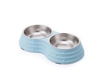 Double Dining Pet Feedrer With Stainless Steel Bowl & Non Slip Rubber Bottom blue For Cats And Dogs - 25.5X14X5cm