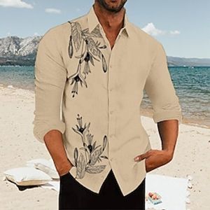 Men's Linen Shirt Turndown Spring  Summer Long Sleeve White Blue Khaki Graphic Prints Casual Daily Clothing Apparel Print Lightinthebox
