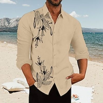 Men's Linen Shirt Turndown Spring  Summer Long Sleeve White Blue Khaki Graphic Prints Casual Daily Clothing Apparel Print Lightinthebox