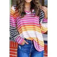Women's T shirt Tee Pink Striped Print Long Sleeve Daily Weekend Basic V Neck Regular Painting Plus Size XL miniinthebox - thumbnail