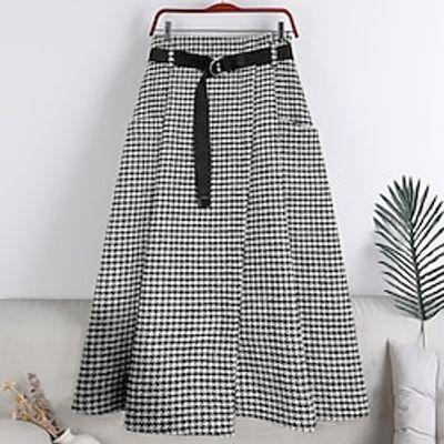 Women's A Line Plaid Skirt Midi Tweed Black Brown Skirts Fall  Winter Pocket Irregular Hem Long Belt Included Vintage Fashion Daily Winter S M L miniinthebox
