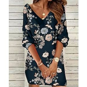 Women's Sweatshirt Dress Shift Dress Mini Dress Light Brown Red Navy Blue 3/4 Length Sleeve Graphic Print Winter Fall Spring V Neck Fashion Vacation Weekend 2022 S M L XL 2XL 3XL miniinthebox