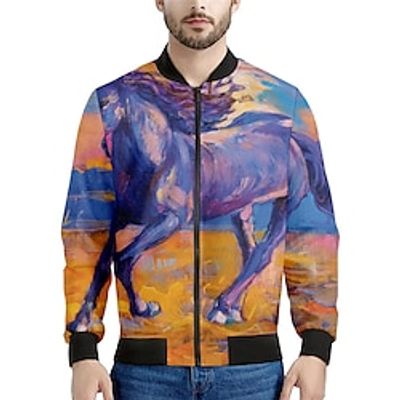 Horse Oil Painting Artistic Men's Bomber Jacket Coat Sports  Outdoor Daily Wear Going out Fall  Winter Standing Collar Long Sleeve Black Blue Purple S M L Polyester Weaving Jacket Lightinthebox