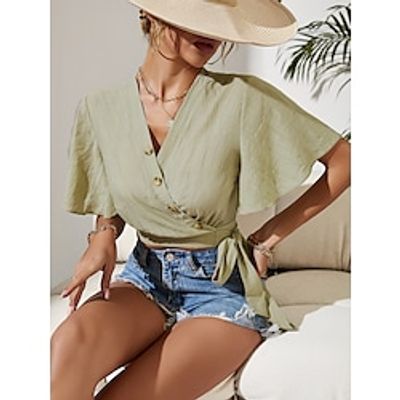 Women's Daily Weekend Crop Top Blouse Shirt Plain Short Sleeve Button V Neck Casual Streetwear Tops Khaki S miniinthebox Women's Daily Weekend Crop Top Blouse Shirt Plain Short Sleeve Button V Neck Casual Streetwear Tops Khaki S miniinthebox