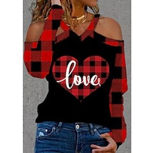 Women's T shirt Tee Maroon Black Wine Color Block Heart Patchwork Cut Out Long Sleeve Valentine Basic V Neck Regular S miniinthebox