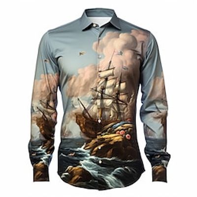 Sailboat Vintage Men's Shirt Daily Wear Going out Weekend Fall  Winter Turndown Long Sleeve Royal Blue Blue S M L Shirt Lightinthebox