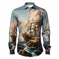 Sailboat Vintage Men's Shirt Daily Wear Going out Weekend Fall  Winter Turndown Long Sleeve Royal Blue Blue S M L Shirt Lightinthebox - thumbnail
