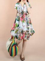 O-NEWE Vintage Flower Printed Short Sleeve V-Neck Dress