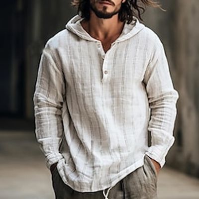 Men's Linen Shirt Hooded Shirt Maroon White Army Green Long Sleeve Stripes Hooded Spring   Fall Holiday Vacation Clothing Apparel Lightinthebox