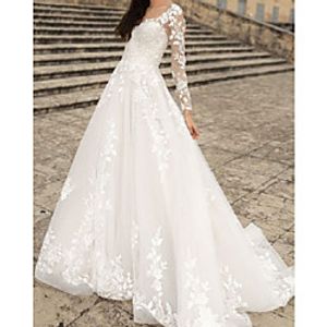 A-Line Wedding Dresses V Neck Floor Length Lace Tulle Long Sleeve Country with Appliques 2021 miniinthebox