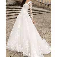 A-Line Wedding Dresses V Neck Floor Length Lace Tulle Long Sleeve Country with Appliques 2021 miniinthebox - thumbnail