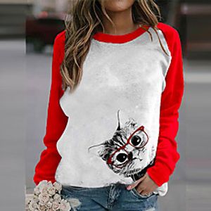 Women's Cat Painting T shirt Cat Animal Long Sleeve Patchwork Print Round Neck Basic Tops Blushing Pink Black Red Lightinthebox