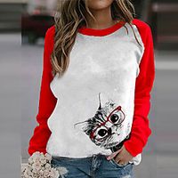 Women's Cat Painting T shirt Cat Animal Long Sleeve Patchwork Print Round Neck Basic Tops Blushing Pink Black Red Lightinthebox - thumbnail