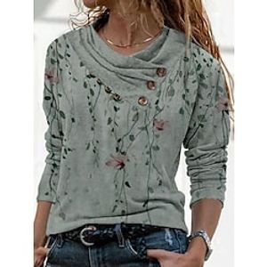 Women's T shirt Tee Green Floral Geometric Button Print Long Sleeve Casual Weekend Basic Pile Neck Regular Floral Painting S miniinthebox