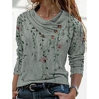 Women's T shirt Tee Green Floral Geometric Button Print Long Sleeve Casual Weekend Basic Pile Neck Regular Floral Painting S miniinthebox - thumbnail