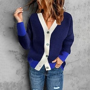 Women's Cardigan Sweater Jumper Ribbed Knit Button Knitted Color Block V Neck Stylish Casual Outdoor Daily Winter Fall Blue Beige S M L / Long Sleeve / Holiday / Regular Fit / Going out miniinthebox