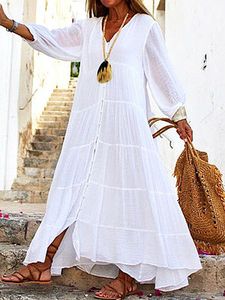 V-Neck Casual Loose Solid Color Vacation Long Sleeve Maxi Dress