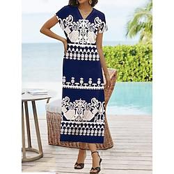 Women's Knit Dress Graphic Print V Neck Long Dress Maxi Dress Bohemia Vacation Short Sleeve Summer Lightinthebox