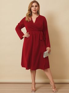 YOINS Plus Size V-neck Tie-up Design Wrap Design Long Sleeves Midi Dress