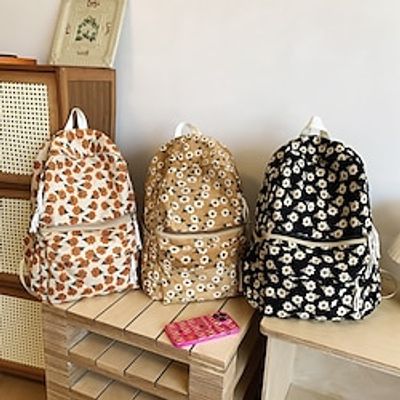 Women's Backpack Mini Backpack Daily Flower Corduroy Large Capacity Breathable Lightweight Zipper Black White Khaki miniinthebox