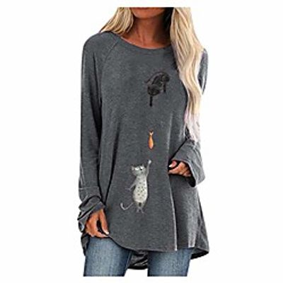 Womens Tunic Tops Long Sleeve Crewneck Pullover Jumper Sweatshirt Cat Print Fashion Blouse Irregular Hem Loose fit Tunic Tee Shirt Ladies Plus Size Shirt S-5XL(Gray,5XL) Lightinthebox