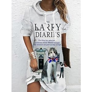 Women's Hoodie Dress Winter Dress Mini Dress Gray Long Sleeve Animal Cat Letter Print Winter Fall Hooded Vacation Casual Fall Dress 2022 S M L XL XXL 3XL Lightinthebox