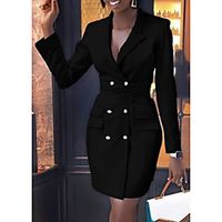 Women's A Line Dress Knee Length Dress Black Long Sleeve Solid Color Color Block Summer V Neck Casual 2021 S M L XL / Chiffon miniinthebox - thumbnail