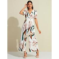 Floral Puff Sleeve Smock Waist Wide Leg Jumpsuit