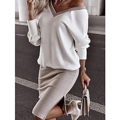 Women's Two Piece Dress Set Work Dress Skirt Set Outdoor Office Streetwear Work Patchwork Split Midi Dress V Neck Long Sleeve Plain Loose Fit White Spring Fall S M L XL Lightinthebox