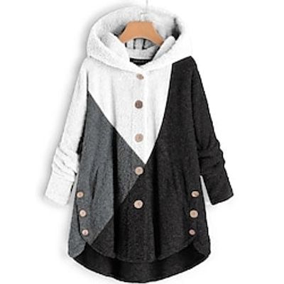 Women's Fleece Jacket Sherpa Fleece Lined Color Block Warm Fuzzy Button Pocket Print Black Blue Green Casual Sports Hoodie Long Sleeve Top Micro-elastic Fall  Winter Lightinthebox