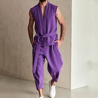 Men's Matching Sets Purple T shirt Tee Tee Top Trousers Casual Pants Sets Sleeveless V Neck Vacation Casual Daily Plain Lace up 2 Piece Polyester Spring Summer Lightinthebox - thumbnail