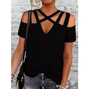 T shirt Tee Women's Black Solid Color Cut Out Street Daily Fashion V Neck Regular Fit S Lightinthebox