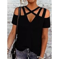 T shirt Tee Women's Black Solid Color Cut Out Street Daily Fashion V Neck Regular Fit S Lightinthebox - thumbnail