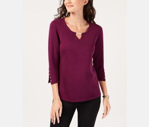 Petite Buttoned-Cuff Keyhole Top  Pickled Beet