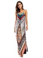 Folk Style Print Backless Split Sleeveless O-neck Maxi Dress For Women