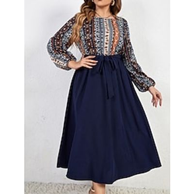 Women's Plus Size Curve Party Dress Winter Dress Cocktail Dress Floral Midi Dress Long Sleeve Print Lace up Crew Neck Elegant Party Deep Blue Fall Winter XL 2XL 3XL 4XL Lightinthebox
