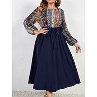 Women's Plus Size Curve Party Dress Winter Dress Cocktail Dress Floral Midi Dress Long Sleeve Print Lace up Crew Neck Elegant Party Deep Blue Fall Winter XL 2XL 3XL 4XL Lightinthebox - thumbnail