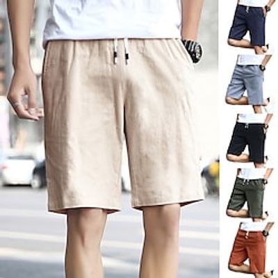 Men's Linen Shorts Casual Shorts Pocket Drawstring Elastic Waist Plain Knee Length Outdoor Daily Going out Linen  Cotton Blend Basic Fashion Green Black Micro-elastic Lightinthebox