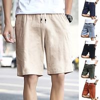 Men's Linen Shorts Casual Shorts Pocket Drawstring Elastic Waist Plain Knee Length Outdoor Daily Going out Linen  Cotton Blend Basic Fashion Green Black Micro-elastic Lightinthebox - thumbnail