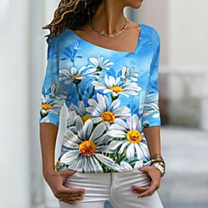 Women's Floral Theme Painting T shirt Floral Daisy Print V Neck Basic Tops Blue / 3D Print miniinthebox