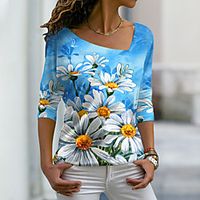 Women's Floral Theme Painting T shirt Floral Daisy Print V Neck Basic Tops Blue / 3D Print miniinthebox - thumbnail