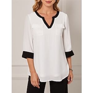 Women's Shirt Blouse Plain Work Casual White Pocket 34 Length Sleeve Elegant Fashion Modern V Neck Regular Fit Summer Spring Lightinthebox