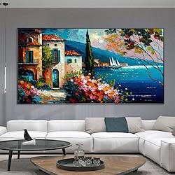 Hand painted Mediterranean Landscape Oil Painting on canvas Impressionist Mediterranean-sea painting Canvas Art Textured Coastal painting Wall Art painting for Bedroom living room decoration Lightinthebox