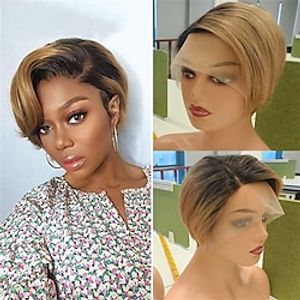 13x4x1 T Lace Front Wig Side Part Pixie Cut Human Hair Wig For Women Short Black Blonde 1B27# Fashion Color Brazilian Hair Natural Straight Black Wig 150% Density with Baby Hair Lightinthebox