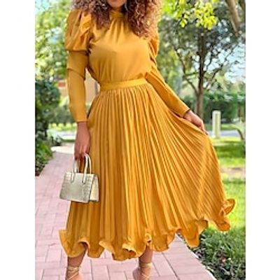 Women's Two Piece Dress Set Party Dress Skirt Set Party Wedding Guest Fashion Party Pleated Ruffle Midi Dress Stand Collar Long Sleeve Plain Loose Fit White Yellow Red Fall Winter S M L XL XXL Lightinthebox Women's Two Piece Dress Set Party Dress Skirt Set Party Wedding Guest Fashion Party Pleated Ruffle Midi Dress Stand Collar Long Sleeve Plain Loose Fit White Yellow Red Fall Winter S M L XL XXL Lightinthebox