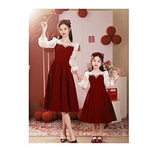 Mommy and Me Dresses Solid Color Formal Red Long Sleeve Mommy And Me Outfits Elegant Matching Outfits miniinthebox