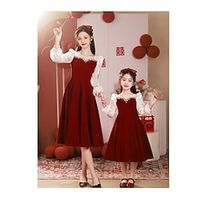 Mommy and Me Dresses Solid Color Formal Red Long Sleeve Mommy And Me Outfits Elegant Matching Outfits miniinthebox - thumbnail