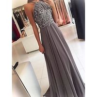 A-LinePrincess Halter Sleeveless SweepBrush Train Beading Chiffon Dresses Lightinthebox - thumbnail