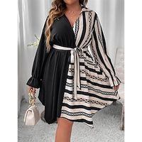 Women's Plus Size Shirt Dress Casual Dress A Line Dress Color Block Stripe Midi Dress Long Sleeve Lace up Patchwork Shirt Collar Fashion Outdoor Black Summer Spring L XL XXL 3XL 4XL Lightinthebox - thumbnail